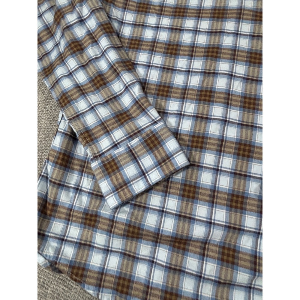 Savannah Shirt Plaid Button Down Long Sleeve Blue Brown Tencel Stretch Women's L - Picture 9 of 11